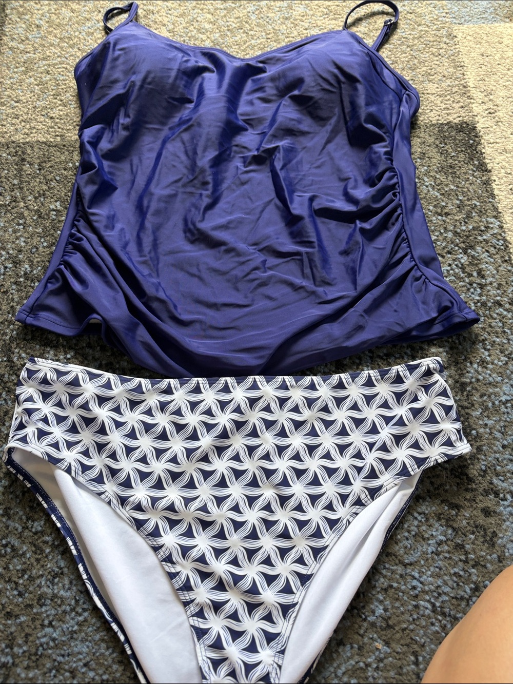 Navy Blue Tankini Top and Patterned Bikini Bottoms - Women's Swim Set